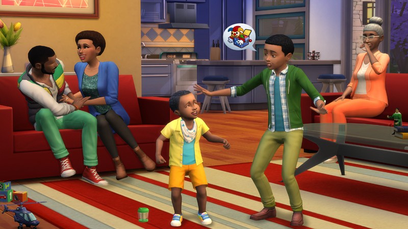 The Sims 4 gameplay showing characters in living room of a modern house